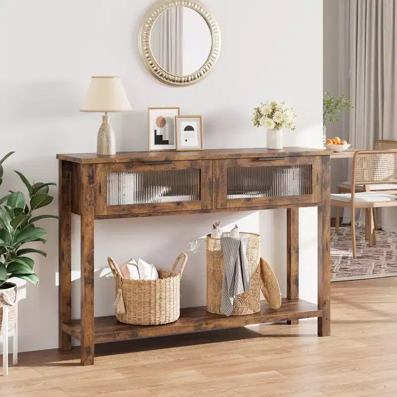 Console en bois Table d'entrée à 2 niveaux pour canapé avec 2 tiroirs en verre pour salon/entrée