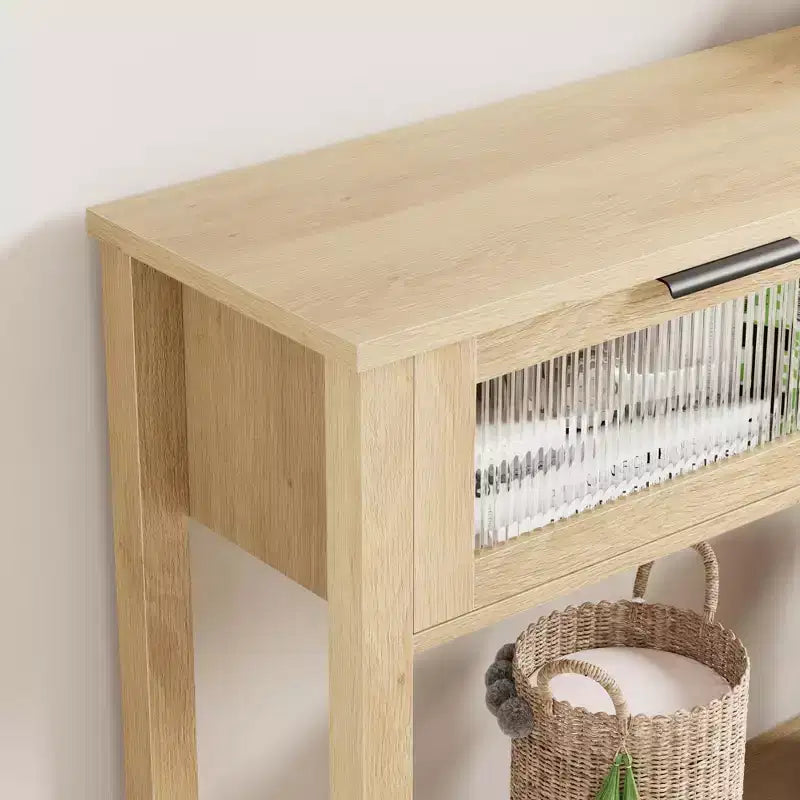 Console en bois Table d'entrée à 2 niveaux pour canapé avec 2 tiroirs en verre pour salon/entrée