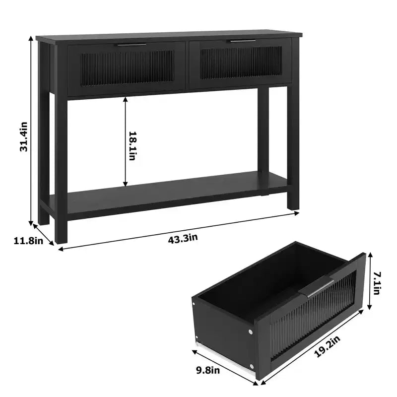 Console en bois Table d'entrée à 2 niveaux pour canapé avec 2 tiroirs en verre pour salon/entrée
