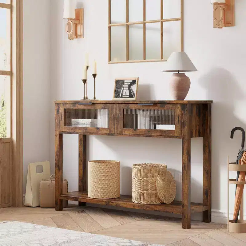Console en bois Table d'entrée à 2 niveaux pour canapé avec 2 tiroirs en verre pour salon/entrée