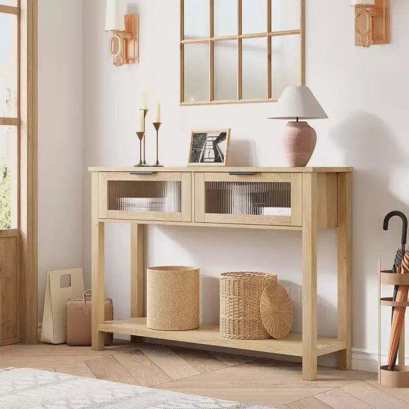 Console en bois Table d'entrée à 2 niveaux pour canapé avec 2 tiroirs en verre pour salon/entrée
