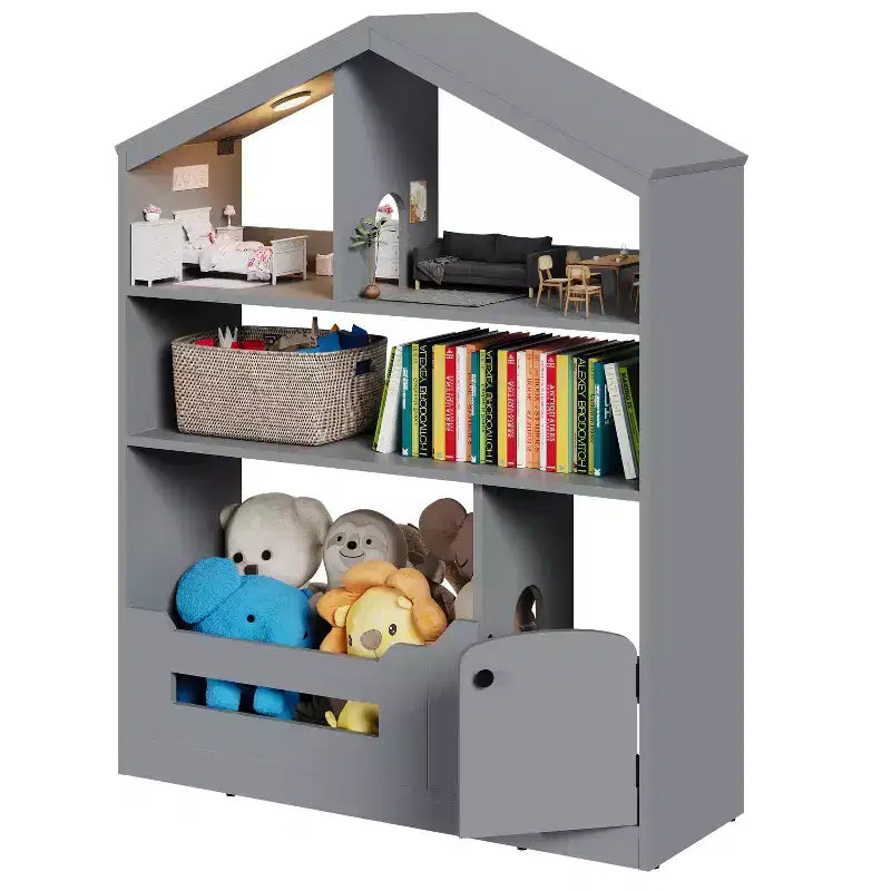 Étagère à Livres pour Enfants en Bois avec Rangement de Jouets, Bibliothèque pour Tout-Petits avec Lumière à Détecteur de Mouvement, Design Maison de Poupée pour Salle de Jeux, Chambre et Salle de Classe
