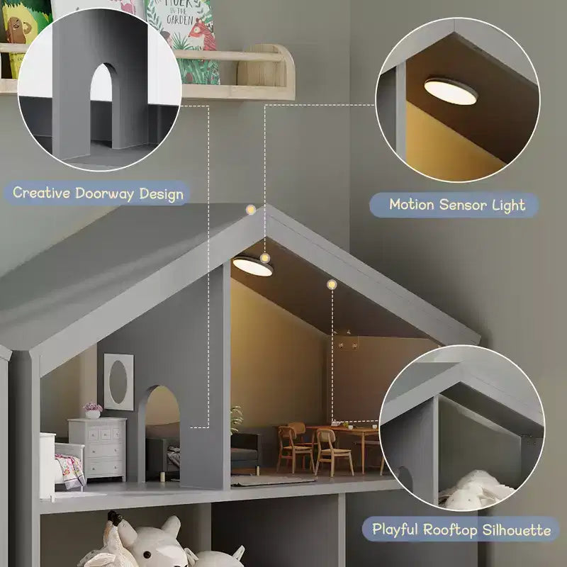 Étagère à Livres pour Enfants en Bois avec Rangement de Jouets, Bibliothèque pour Tout-Petits avec Lumière à Détecteur de Mouvement, Design Maison de Poupée pour Salle de Jeux, Chambre et Salle de Classe