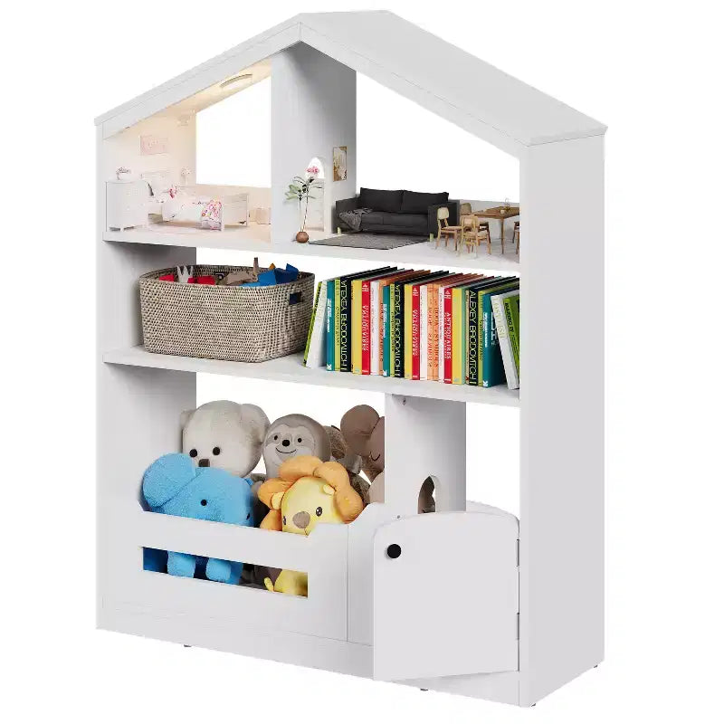Étagère à Livres pour Enfants en Bois avec Rangement de Jouets, Bibliothèque pour Tout-Petits avec Lumière à Détecteur de Mouvement, Design Maison de Poupée pour Salle de Jeux, Chambre et Salle de Classe