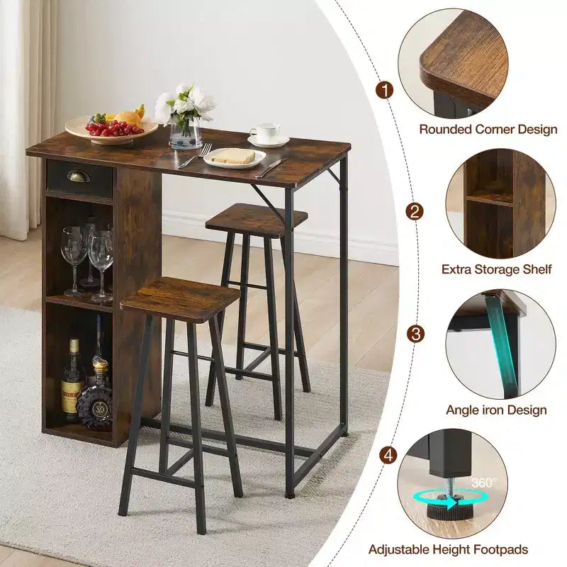 Table et chaises hautes de bar 2 places petites tables hautes de cuisine 2 places, 3 grandes étagères de rangement peu encombrantes pour dîner, pub, petit déjeuner, brunch