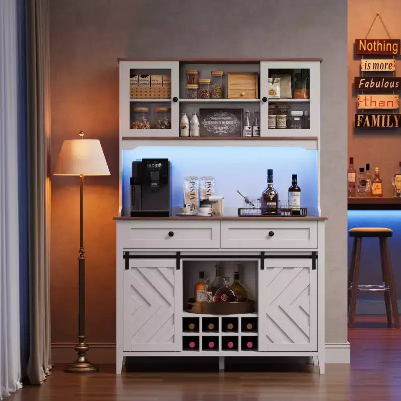 Meuble de bar à vin, Armoire de rangement de cuisine de style campagnard avec casiers à vin et tiroirs, Vaisselier de cuisine éclairé par LED avec portes coulissantes