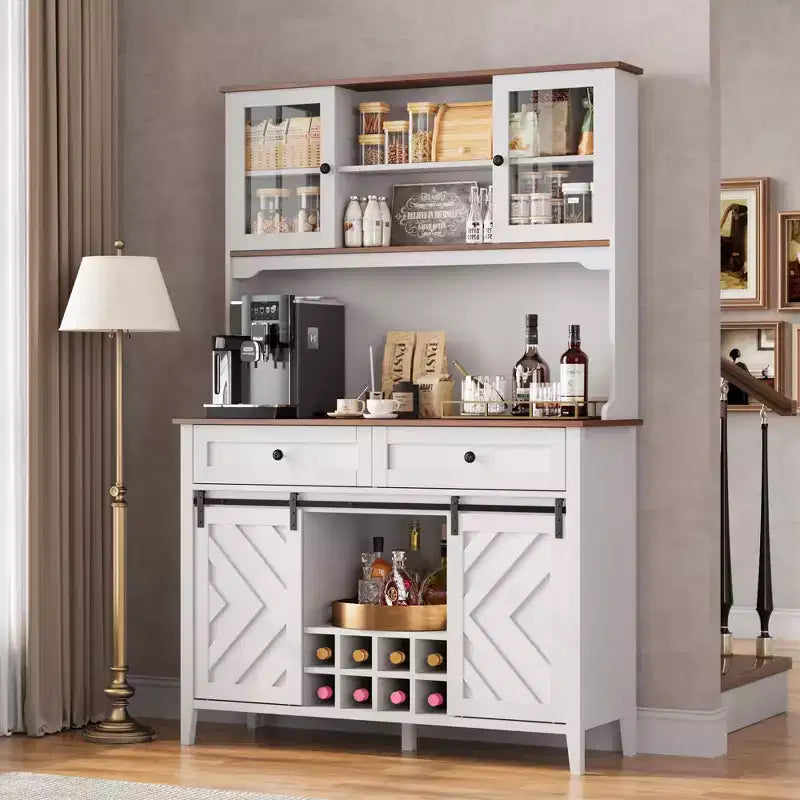 Meuble de bar à vin, Armoire de rangement de cuisine de style campagnard avec casiers à vin et tiroirs, Vaisselier de cuisine éclairé par LED avec portes coulissantes