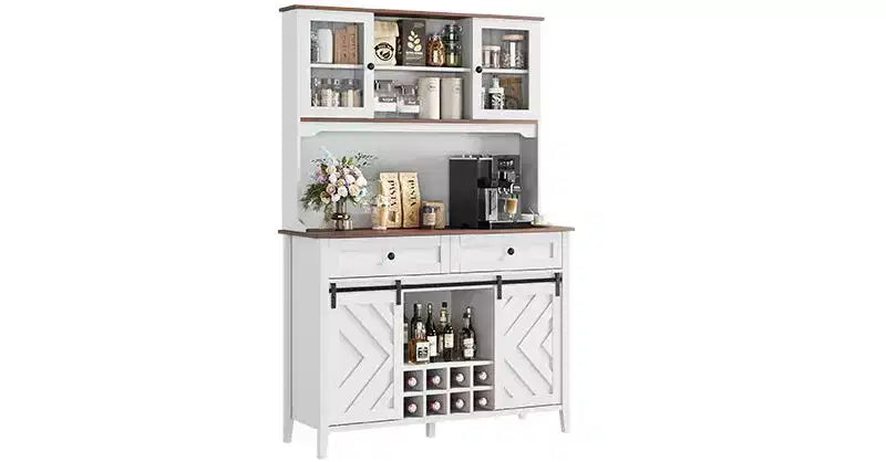 Meuble de bar à vin, Armoire de rangement de cuisine de style campagnard avec casiers à vin et tiroirs, Vaisselier de cuisine éclairé par LED avec portes coulissantes