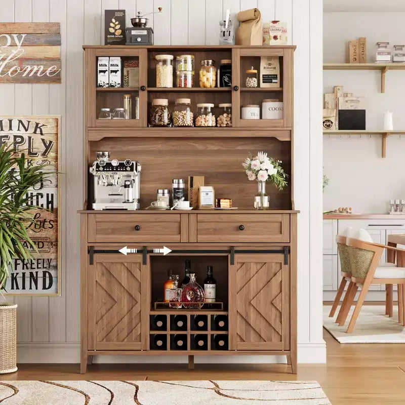 Meuble de bar à vin, Armoire de rangement de cuisine de style campagnard avec casiers à vin et tiroirs, Vaisselier de cuisine éclairé par LED avec portes coulissantes