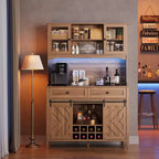 Meuble de bar à vin, Armoire de rangement de cuisine de style campagnard avec casiers à vin et tiroirs, Vaisselier de cuisine éclairé par LED avec portes coulissantes