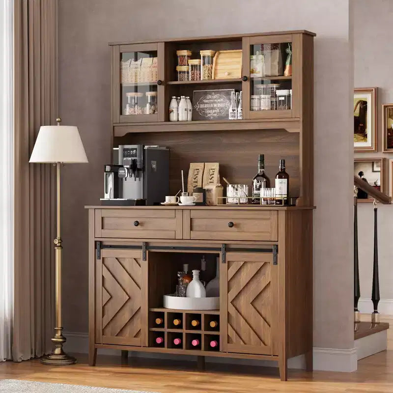 Meuble de bar à vin, Armoire de rangement de cuisine de style campagnard avec casiers à vin et tiroirs, Vaisselier de cuisine éclairé par LED avec portes coulissantes
