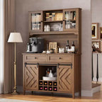 Meuble de bar à vin, Armoire de rangement de cuisine de style campagnard avec casiers à vin et tiroirs, Vaisselier de cuisine éclairé par LED avec portes coulissantes