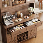 Meuble de bar à vin, Armoire de rangement de cuisine de style campagnard avec casiers à vin et tiroirs, Vaisselier de cuisine éclairé par LED avec portes coulissantes