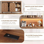 Meuble de bar à vin, Armoire de rangement de cuisine de style campagnard avec casiers à vin et tiroirs, Vaisselier de cuisine éclairé par LED avec portes coulissantes