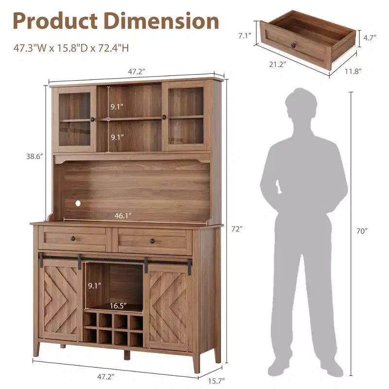 Meuble de bar à vin, Armoire de rangement de cuisine de style campagnard avec casiers à vin et tiroirs, Vaisselier de cuisine éclairé par LED avec portes coulissantes
