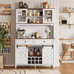 Meuble de bar à vin, Armoire de rangement de cuisine de style campagnard avec casiers à vin et tiroirs, Vaisselier de cuisine éclairé par LED avec portes coulissantes