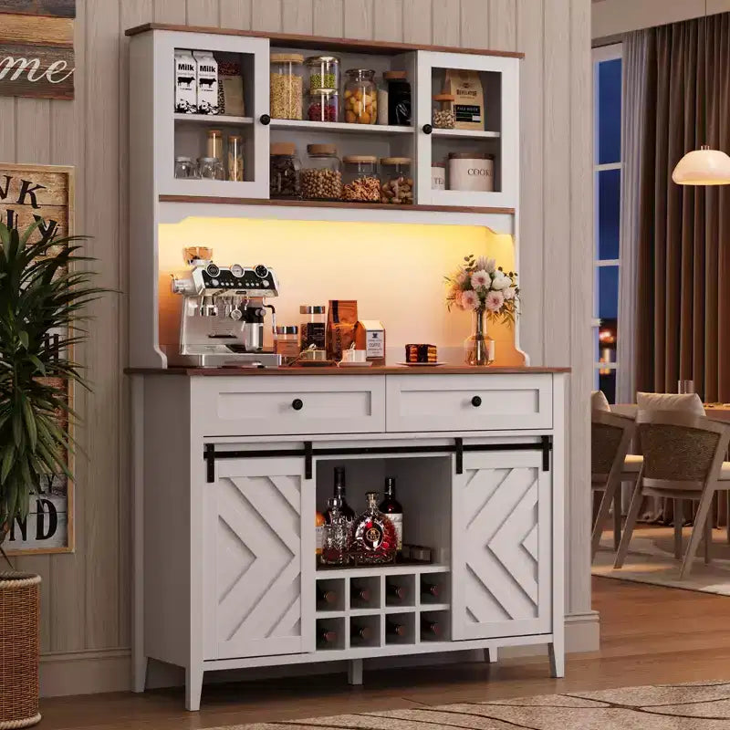 Meuble de bar à vin, Armoire de rangement de cuisine de style campagnard avec casiers à vin et tiroirs, Vaisselier de cuisine éclairé par LED avec portes coulissantes