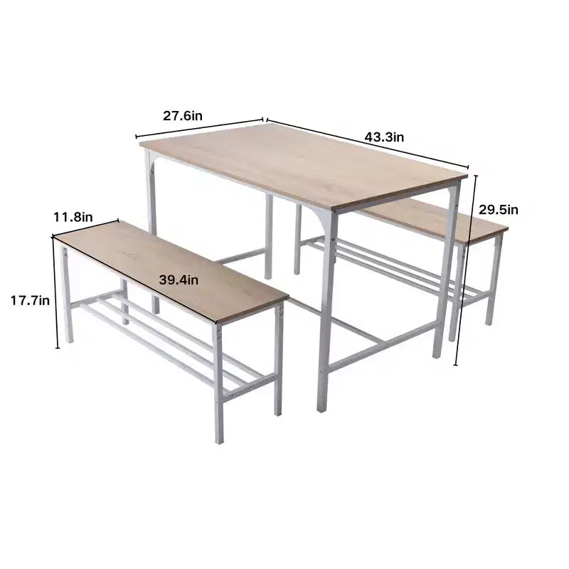 Table de salle à manger, ensemble repas 3 pièces avec étagères de rangement, cadre métallique et panneau MDF, dinette pour cuisine, salle à manger, restaurant, chêne