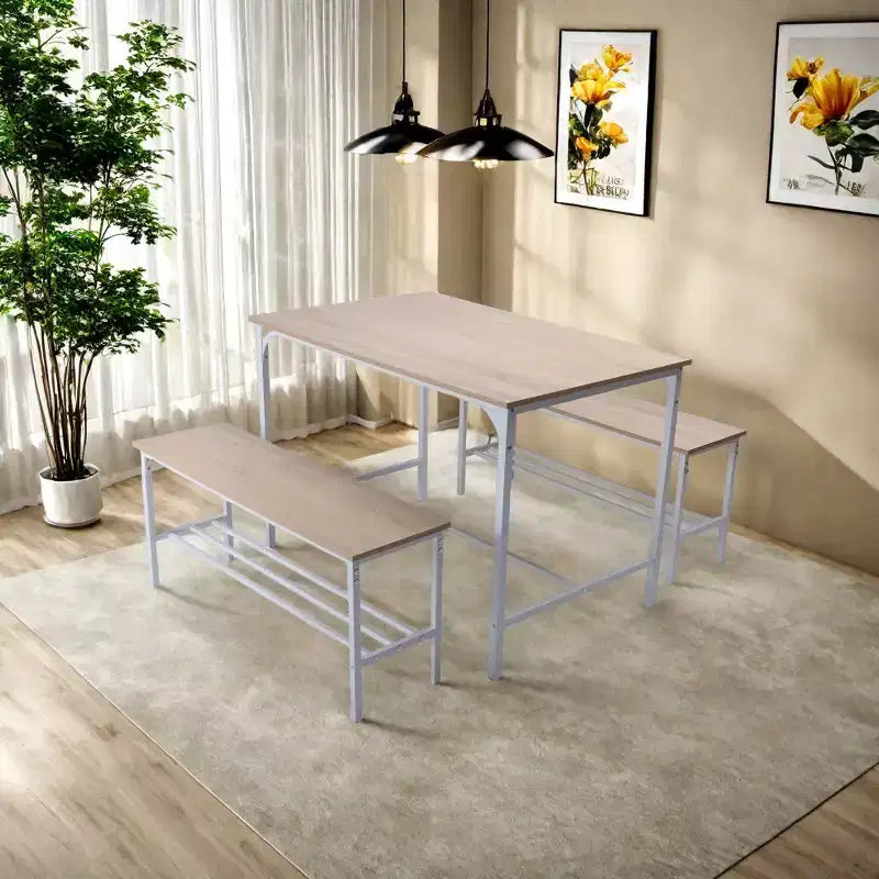 Table de salle à manger, ensemble repas 3 pièces avec étagères de rangement, cadre métallique et panneau MDF, dinette pour cuisine, salle à manger, restaurant, chêne