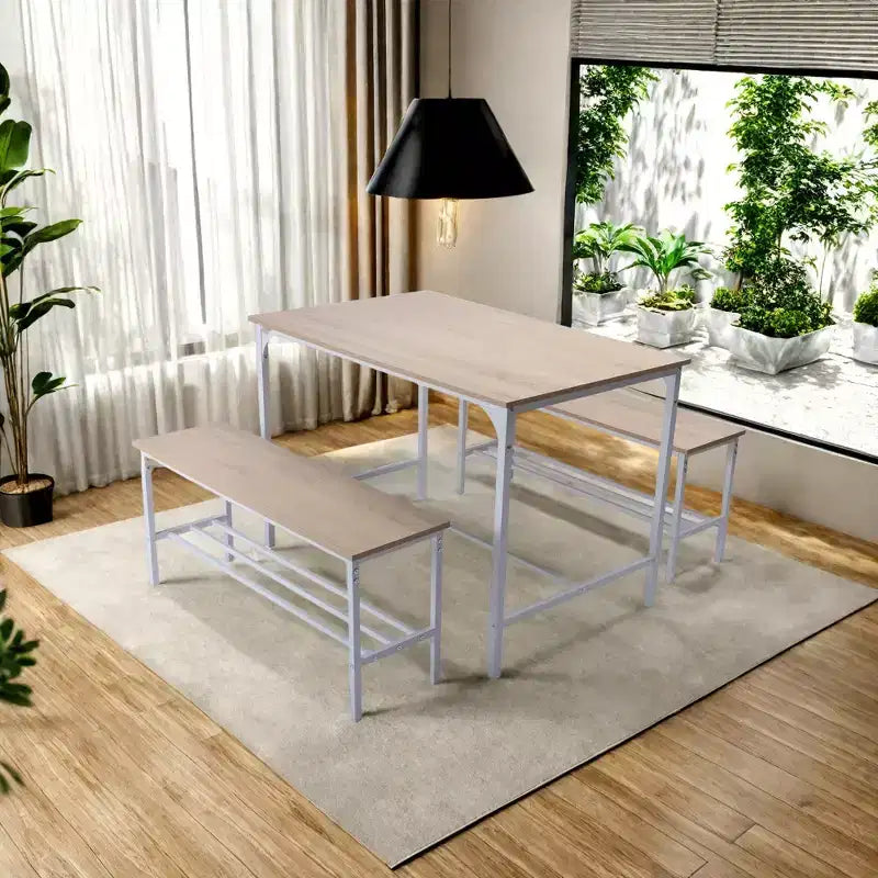 Table de salle à manger, ensemble repas 3 pièces avec étagères de rangement, cadre métallique et panneau MDF, dinette pour cuisine, salle à manger, restaurant, chêne