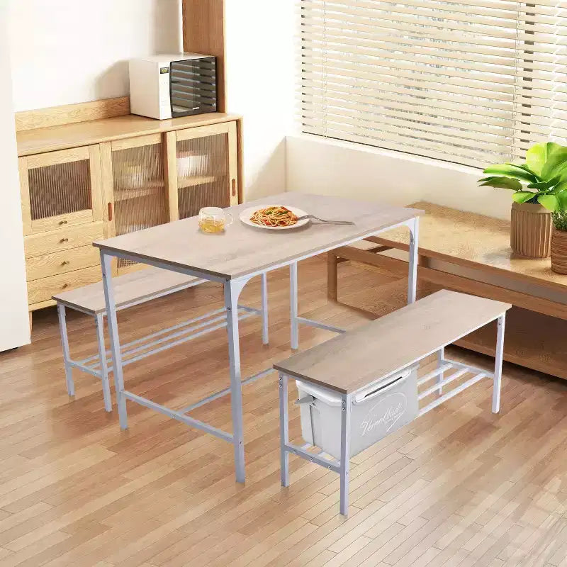 Table de salle à manger, ensemble repas 3 pièces avec étagères de rangement, cadre métallique et panneau MDF, dinette pour cuisine, salle à manger, restaurant, chêne