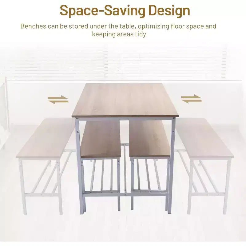 Table de salle à manger, ensemble repas 3 pièces avec étagères de rangement, cadre métallique et panneau MDF, dinette pour cuisine, salle à manger, restaurant, chêne