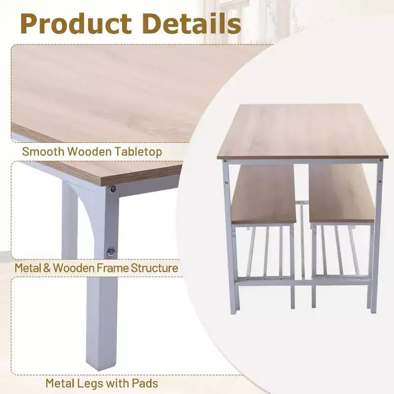 Table de salle à manger, ensemble repas 3 pièces avec étagères de rangement, cadre métallique et panneau MDF, dinette pour cuisine, salle à manger, restaurant, chêne