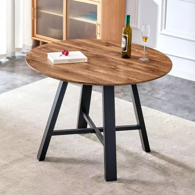 Table à manger ronde minimaliste 42 po, table à manger avec pieds en métal renforcés en croix, table ronde pour salon, salle à manger, bois