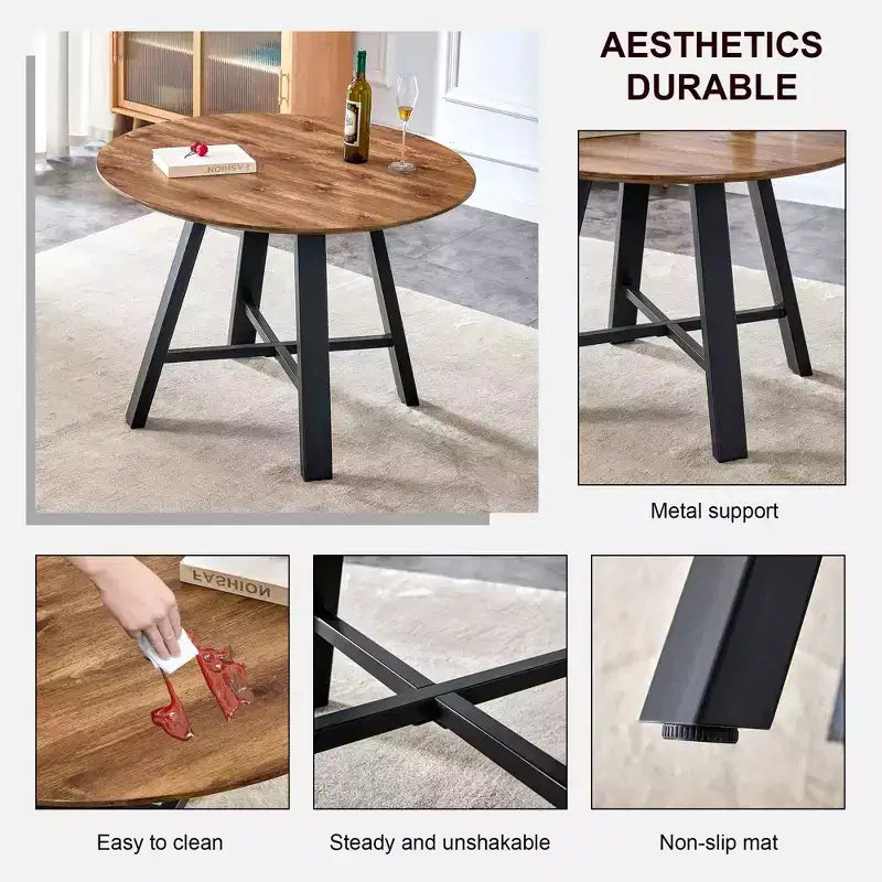Table à manger ronde minimaliste 42 po, table à manger avec pieds en métal renforcés en croix, table ronde pour salon, salle à manger, bois