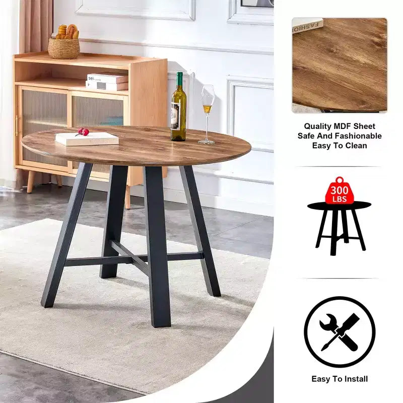 Table à manger ronde minimaliste 42 po, table à manger avec pieds en métal renforcés en croix, table ronde pour salon, salle à manger, bois