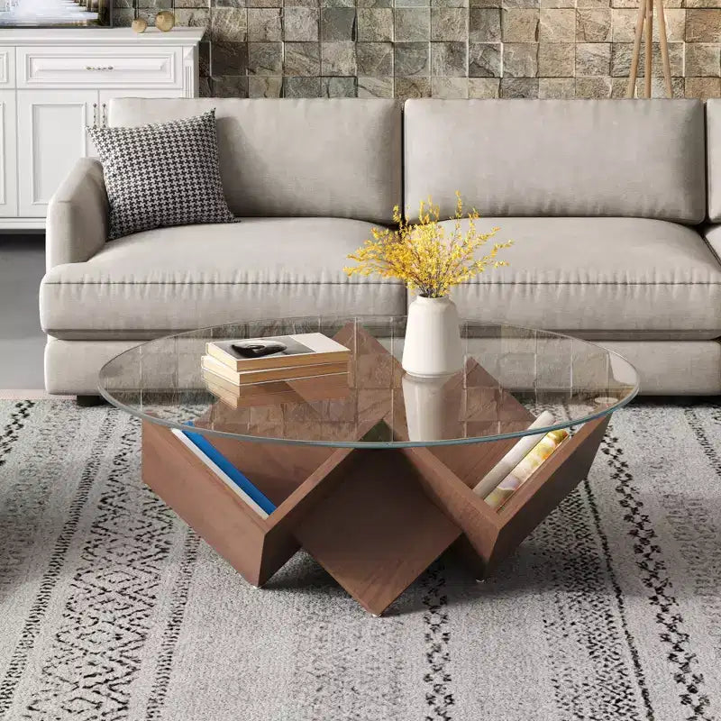 Round Coffee Table Glass Cocktail Table Center Table Sofa Side Table Accent Table with Geometric Abstract Art Base Storage Shelf, Walnut - ModernLuxe