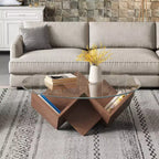 Round Coffee Table Glass Cocktail Table Center Table Sofa Side Table Accent Table with Geometric Abstract Art Base Storage Shelf, Walnut - ModernLuxe