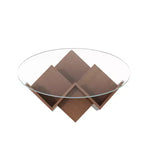 Table basse ronde en verre, table d'appoint de canapé avec base d'art abstrait géométrique et étagère de rangement, noyer