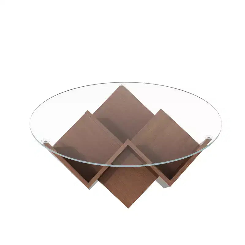 Table basse ronde en verre, table d'appoint de canapé avec base d'art abstrait géométrique et étagère de rangement, noyer