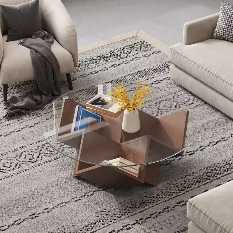 Table basse ronde en verre, table d'appoint de canapé avec base d'art abstrait géométrique et étagère de rangement, noyer