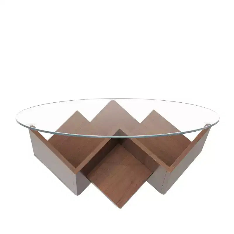 Table basse ronde en verre, table d'appoint de canapé avec base d'art abstrait géométrique et étagère de rangement, noyer