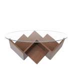 Table basse ronde en verre, table d'appoint de canapé avec base d'art abstrait géométrique et étagère de rangement, noyer