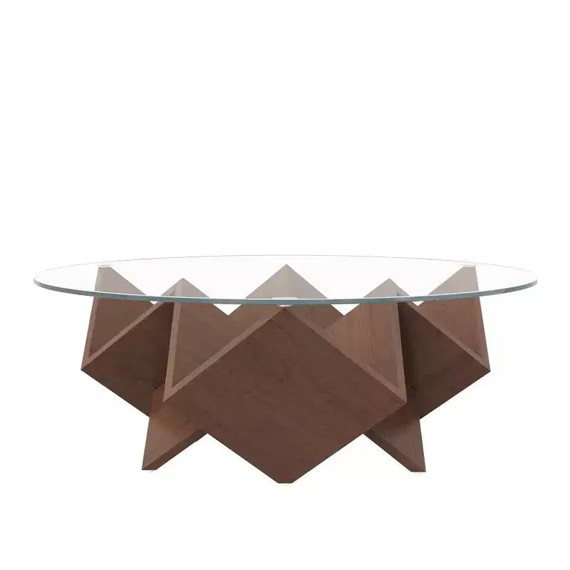 Table basse ronde en verre, table d'appoint de canapé avec base d'art abstrait géométrique et étagère de rangement, noyer