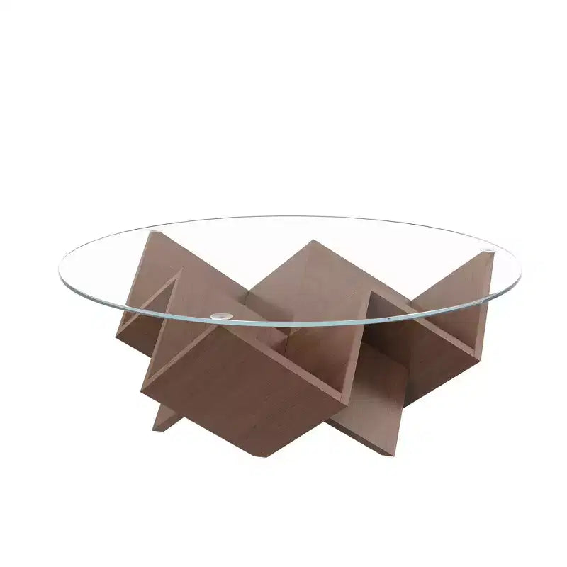 Table basse ronde en verre, table d'appoint de canapé avec base d'art abstrait géométrique et étagère de rangement, noyer