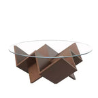 Table basse ronde en verre, table d'appoint de canapé avec base d'art abstrait géométrique et étagère de rangement, noyer
