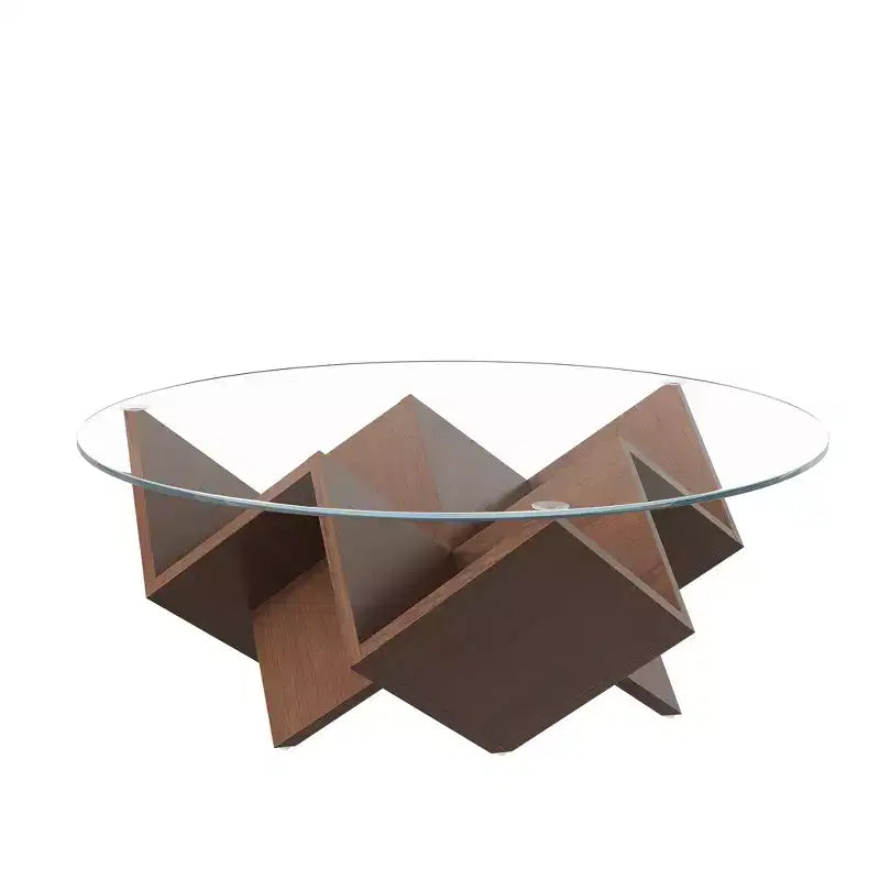 Table basse ronde en verre, table d'appoint de canapé avec base d'art abstrait géométrique et étagère de rangement, noyer
