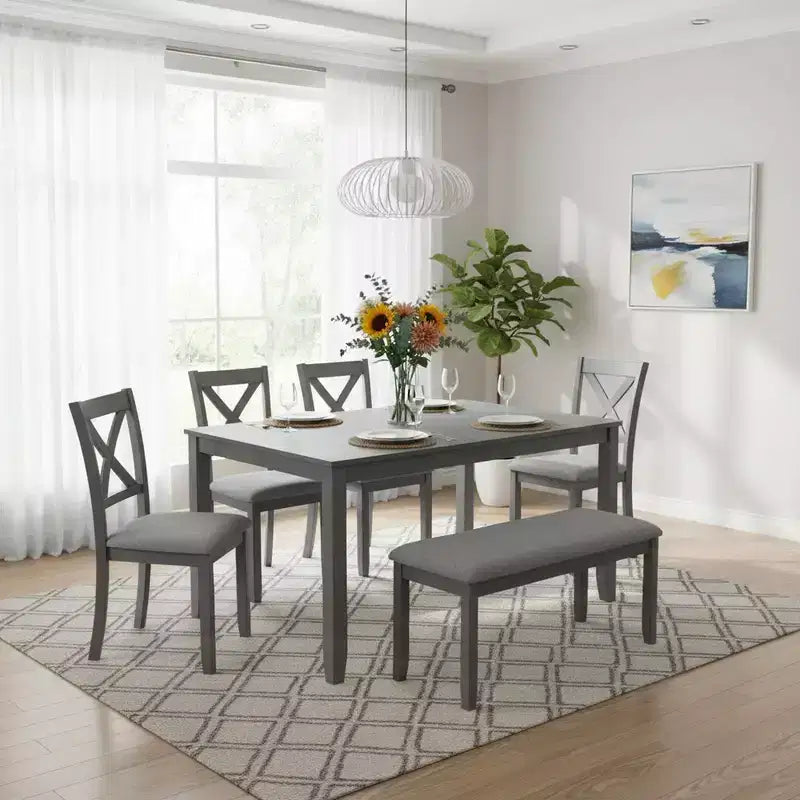 Ensemble de salle à manger 6 pièces en bois avec 4 chaises rembourrées et un banc, meubles de cuisine et de salle à manger, gris