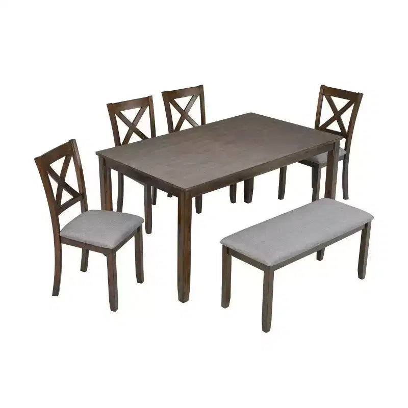 Ensemble de salle à manger 6 pièces en bois avec 4 chaises rembourrées et un banc, meubles de cuisine et de salle à manger, gris