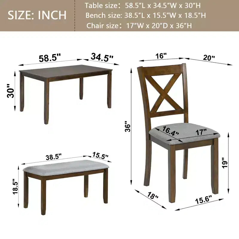 Ensemble de salle à manger 6 pièces en bois avec 4 chaises rembourrées et un banc, meubles de cuisine et de salle à manger, gris