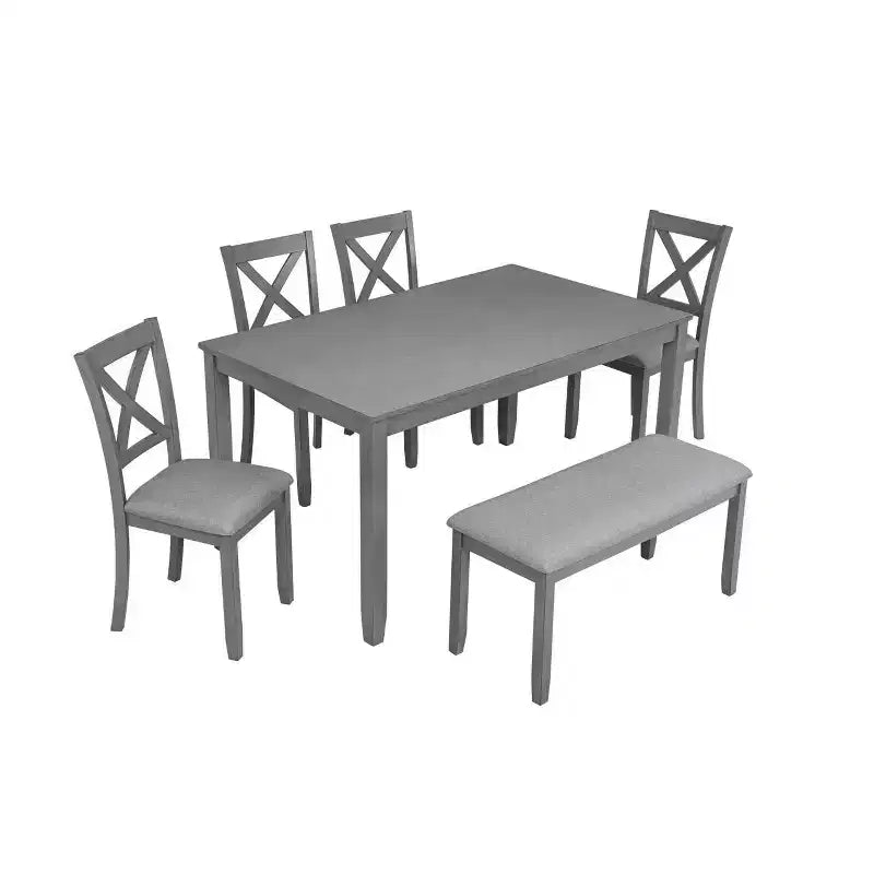 Ensemble de salle à manger 6 pièces en bois avec 4 chaises rembourrées et un banc, meubles de cuisine et de salle à manger, gris