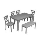 Ensemble de salle à manger 6 pièces en bois avec 4 chaises rembourrées et un banc, meubles de cuisine et de salle à manger, gris