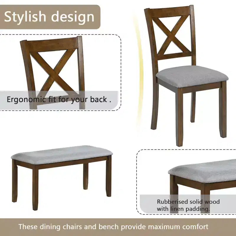 Ensemble de salle à manger 6 pièces en bois avec 4 chaises rembourrées et un banc, meubles de cuisine et de salle à manger, gris