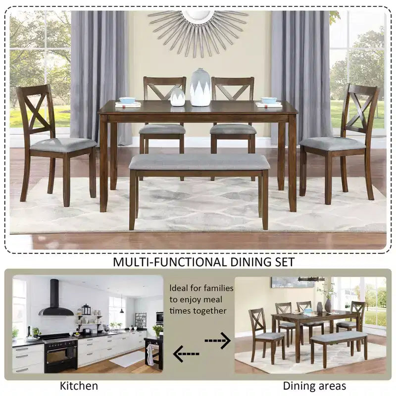 Ensemble de salle à manger 6 pièces en bois avec 4 chaises rembourrées et un banc, meubles de cuisine et de salle à manger, gris