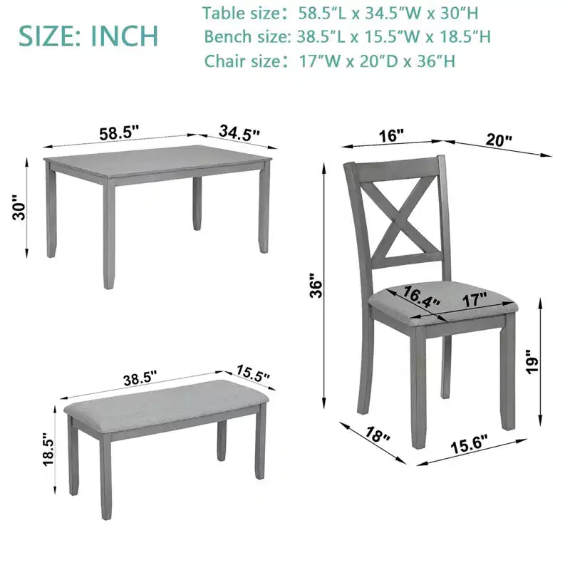 Ensemble de salle à manger 6 pièces en bois avec 4 chaises rembourrées et un banc, meubles de cuisine et de salle à manger, gris