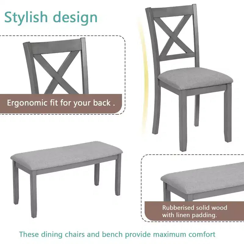 Ensemble de salle à manger 6 pièces en bois avec 4 chaises rembourrées et un banc, meubles de cuisine et de salle à manger, gris
